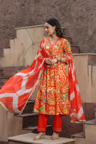 Printed Gotta Patti Pure Cotton A-Line Kurta with Trousers & Dupatta