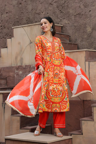 Printed Gotta Patti Pure Cotton A-Line Kurta with Trousers & Dupatta