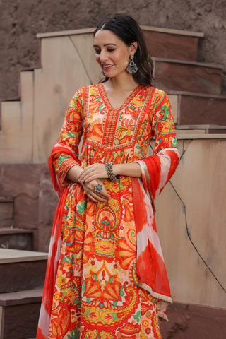 Printed Gotta Patti Pure Cotton A-Line Kurta with Trousers & Dupatta