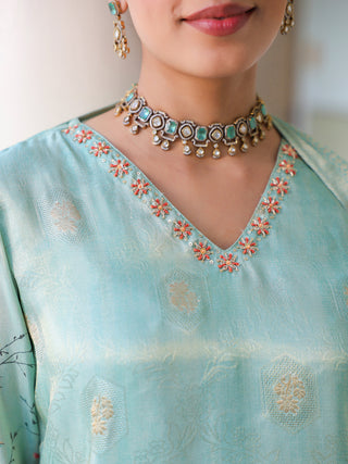 Ethnic Motifs Printed Zari Chanderi Cotton Kurta With Trousers & Dupatta