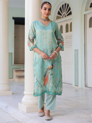 Ethnic Motifs Printed Zari Chanderi Cotton Kurta With Trousers & Dupatta