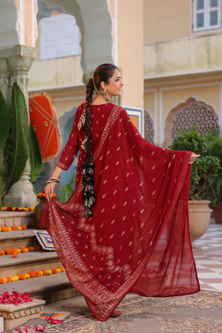 Floral Printed Thread Work Georgette Kurta With Trousers & Dupatta