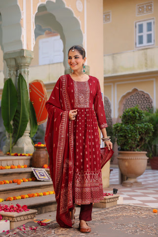 Floral Printed Thread Work Georgette Kurta With Trousers & Dupatta