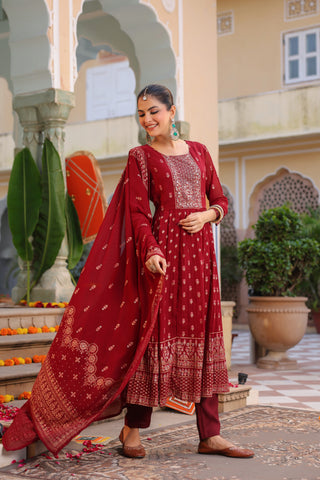 Floral Printed Thread Work Georgette Kurta With Trousers & Dupatta