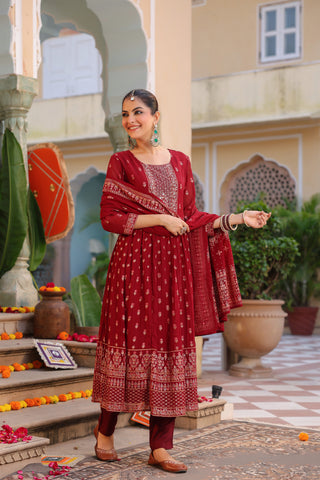 Floral Printed Thread Work Georgette Kurta With Trousers & Dupatta