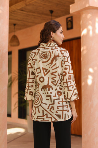 Women Abstract Printed Shirt Collar Cotton Top