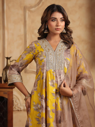 Sequinned mustard Anarkali outfit
