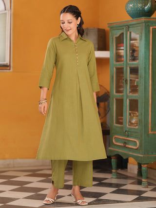 Shirt collar cotton A-line kurta set with trousers