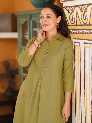 Shirt neck A-line kurta with matching trousers