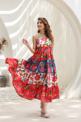 Women Printed Shoulder Straps Fit & Flare Midi Ethnic Dresses Rain & Rainbow Women Printed Shoulder Straps Fit & Flare Midi Ethnic Dresses Rain & Rainbow