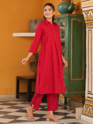 Solid pink cotton kurta trousers set women