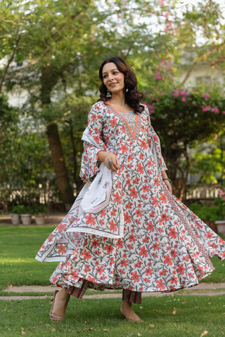 Stylish floral print cotton kurta set with elegant sequin accents