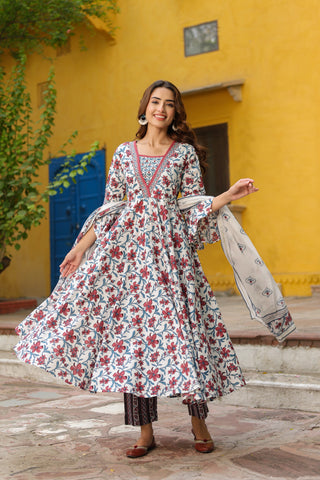 Three-piece floral print cotton kurta set with matching dupatta