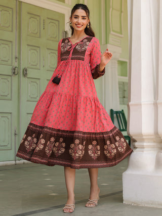 Tiered cotton ethnic print dress