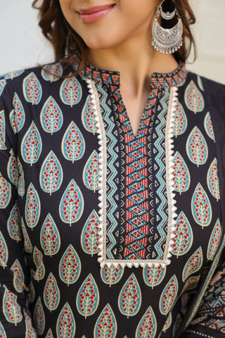 Traditional cotton kurta set with trousers and dupatta for women