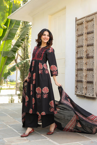 Traditional ethnic motifs printed cotton kurta paired with trousers and dupatta