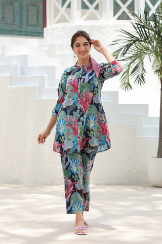 Tropical Printed Cotton Tunic with Trousers