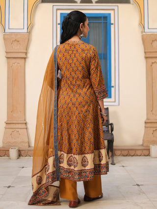V-neck mustard printed Anarkali kurta