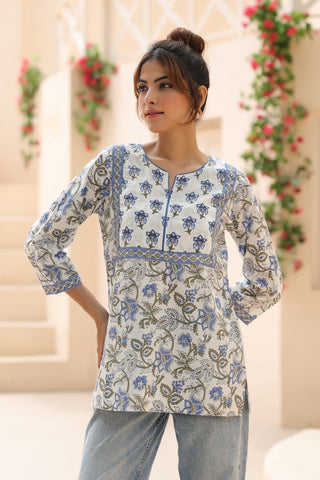 White Blue Printed Cotton Top