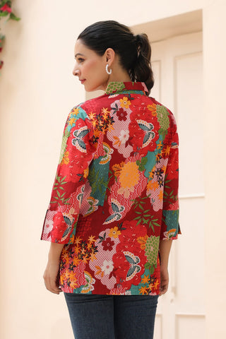 White Floral Cotton Shirt Style Top