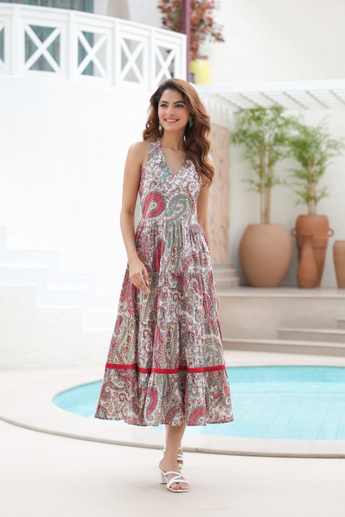 Printed Pure Cotton Fit & Flare White Ethnic Dresses – Rain & Rainbow