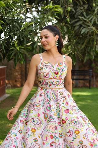 White ethnic printed fit flare dress
