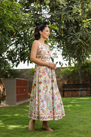White floral printed flared midi dress