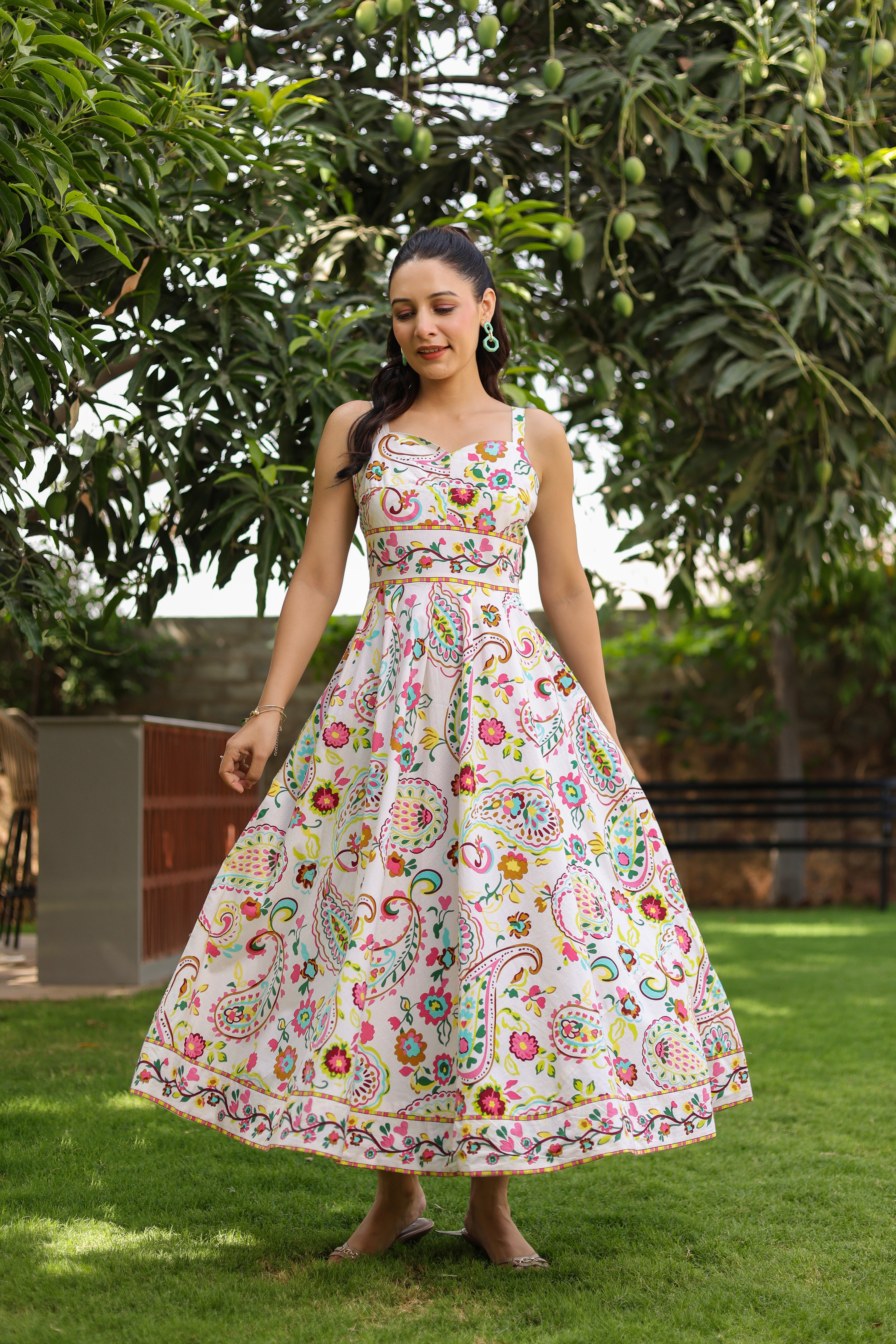 White Printed Pure Cotton Fit & Flared Midi Dress – Rain & Rainbow