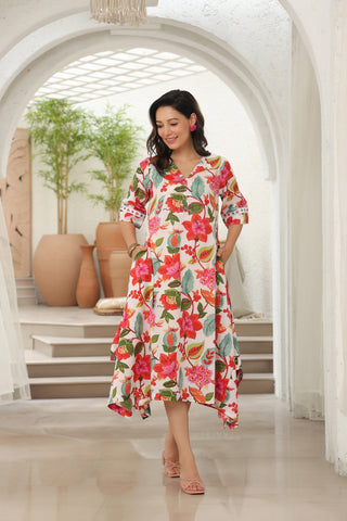 White pure cotton A-line midi dress