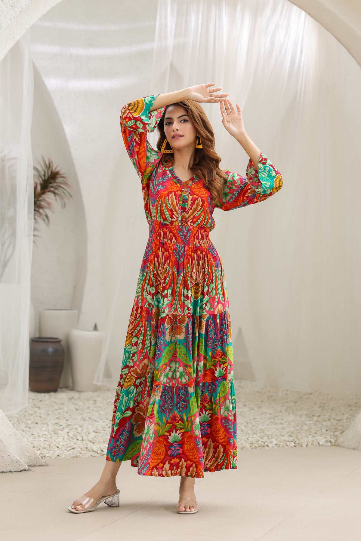 Women Abstract Printed Fit & Flare Maxi Ethnic Dress Rain & Rainbow Women Abstract Printed Fit & Flare Maxi Ethnic Dress Rain & Rainbow
