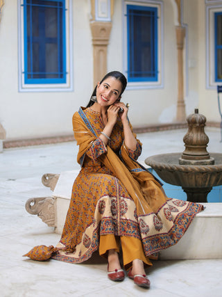 Women Anarkali kurta mustard cotton set