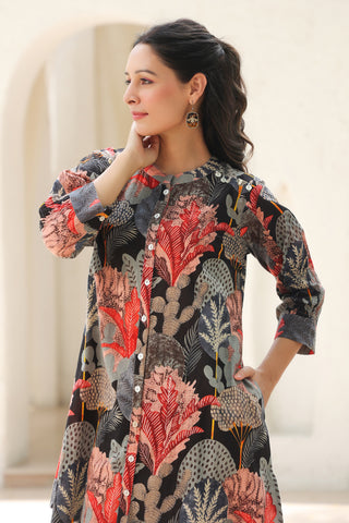 Women Black Floral Cotton Tunic Outfit
