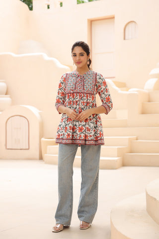 Women Floral Cotton A-Line Top
