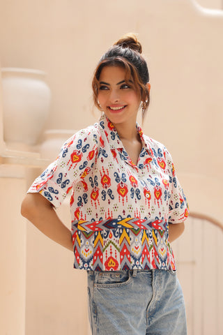 Women Geometric Cotton Shirt Style Top