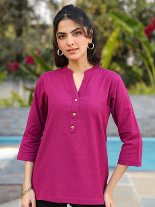 Women Mandarin Collar Cotton Regular Magenta Top