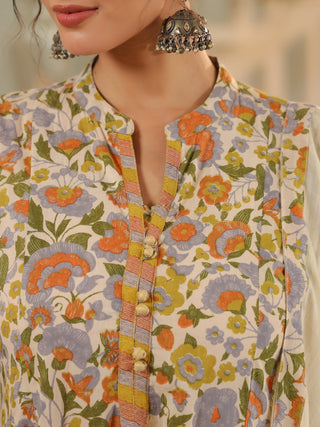 Women beige floral kurta set with dupatta