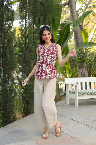 Women brown printed cotton top