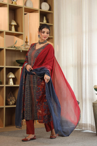 Women cotton kurta with trousers and dupatta