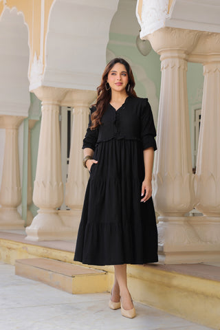 Women cotton ruffle V-neck midi dress