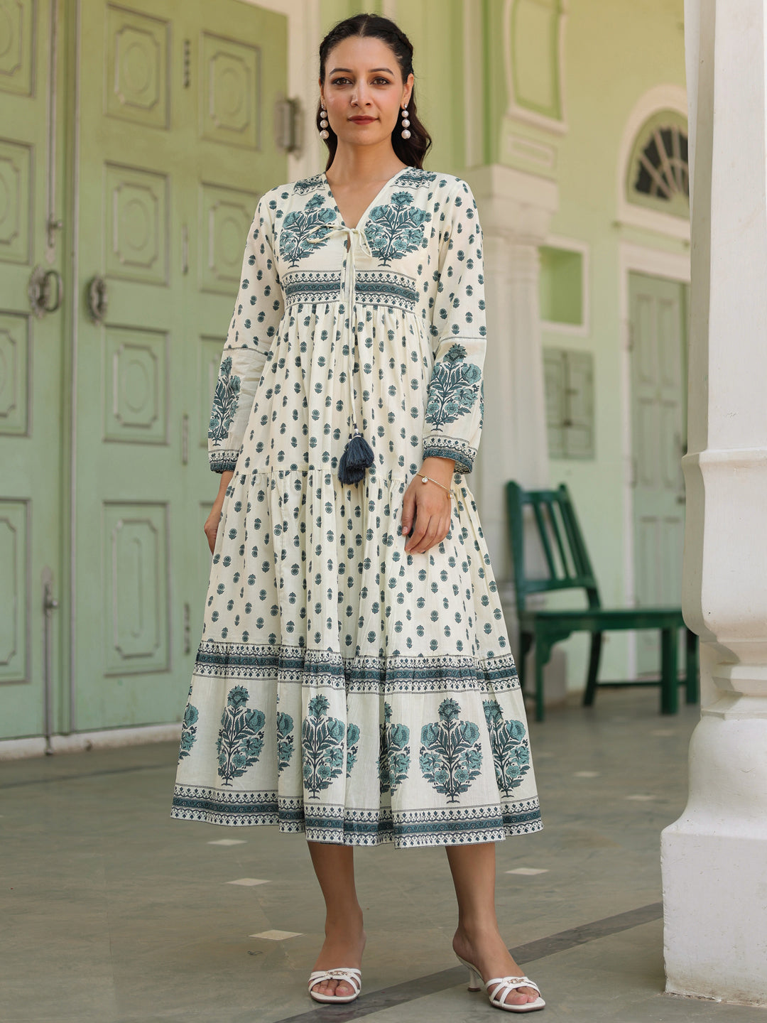 Women Ethnic Printed Pure Cotton V-Neck Fit & Flared Midi Ethnic Dress –  Rain & Rainbow