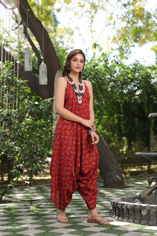Women maroon cotton printed jumpsuit