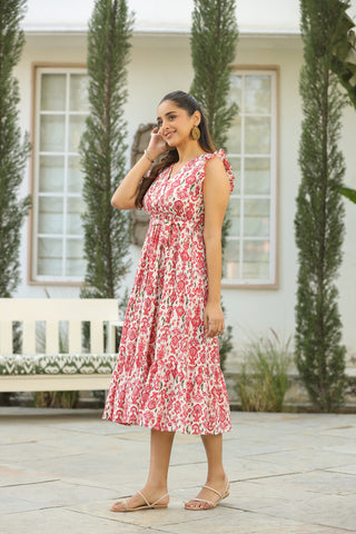 Women printed ethnic dress with V-neck