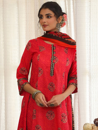 Women printed red cotton kurta set