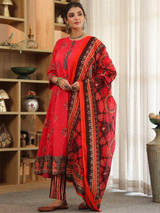 Women red cotton kurta set with dupatta