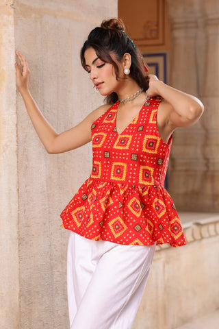 Women red ethnic print peplum top