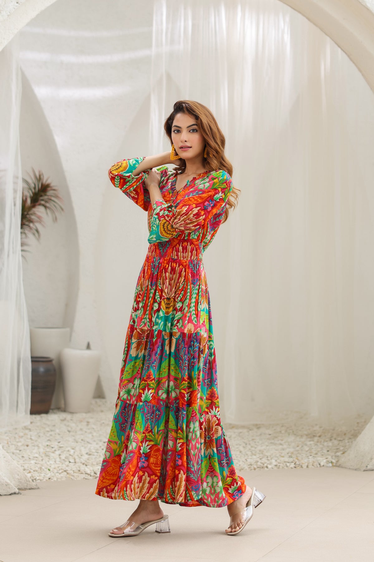 Women Abstract Printed Fit & Flare Maxi Ethnic Dress – Rain & Rainbow