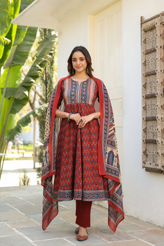 Women's ethnic cotton kurta ensemble with trousers and printed dupatta