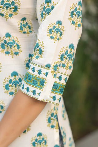 Women’s ethnic floral printed notch neck cotton kurti