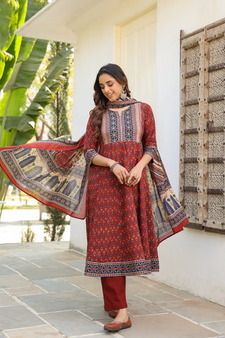 Women's ethnic motifs printed pure cotton kurta set with trousers and dupatta