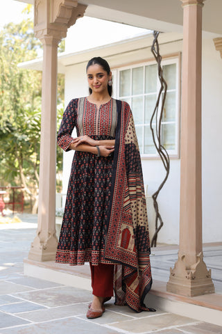 Women's ethnic print cotton kurta set with matching trousers and dupatta